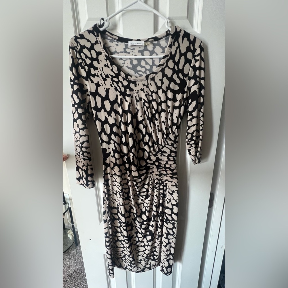 Calvin Klein Black and White Sheath Dress with Cuffed 3/4 Sleeves